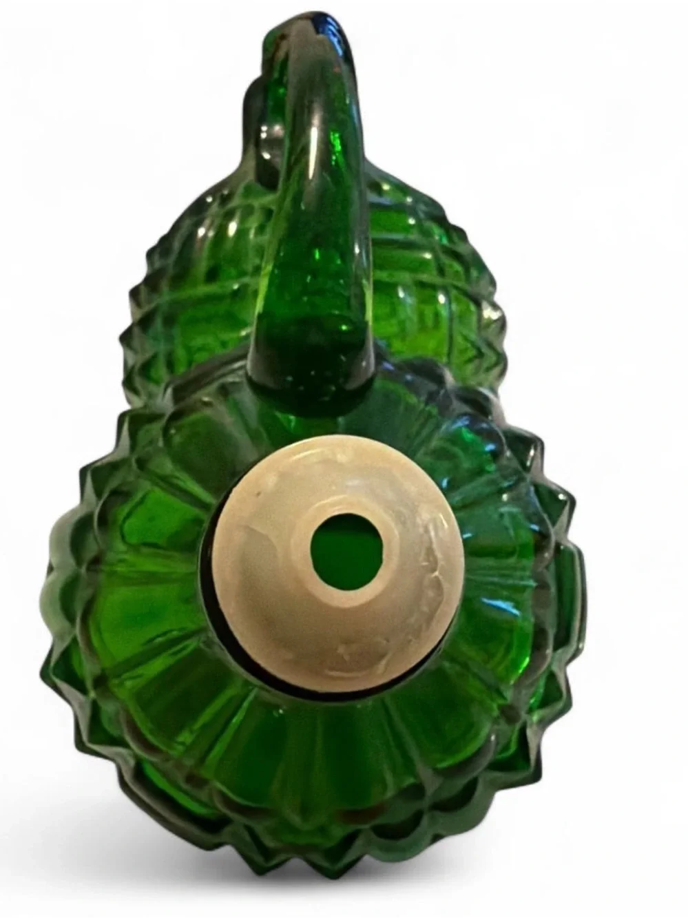 Vintage Green Glass Double Cruet Joined Oil Vinegar Bottle Diamond Pattern